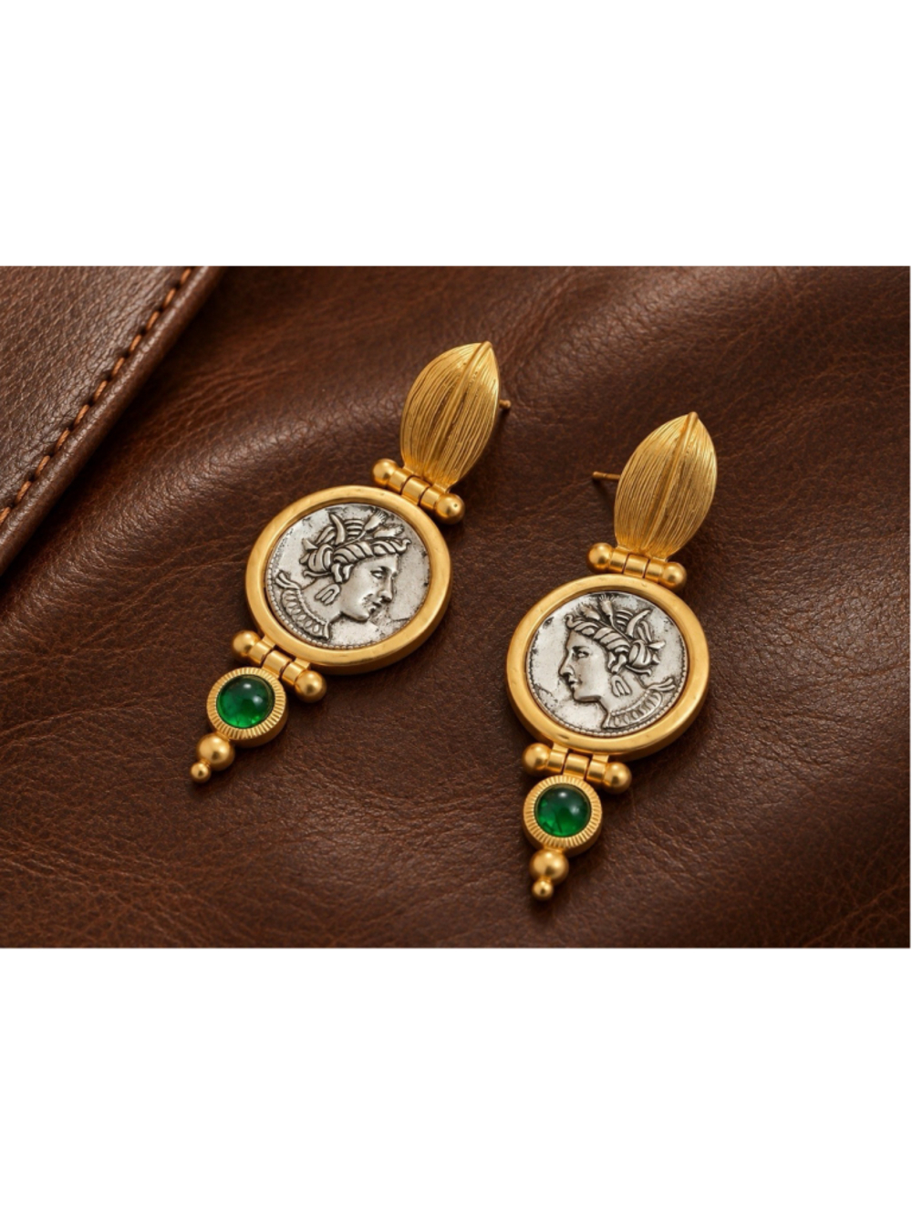 Antique Coin Earrings Gold Revival Greek Roman Boho VTG Medieval Museum Silver